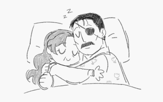 A simple black & white chibi-style doodle of Wrath and Mrs Bradley. They are facing towards each other, sleeping in their bed with their arms hugging one another.