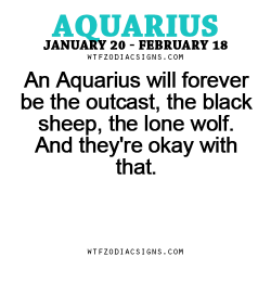 wtfzodiacsigns:  An Aquarius will forever be the outcast, the black sheep, the lone wolf. And they’re okay with that. - WTF Zodiac Signs Daily Horoscope! 