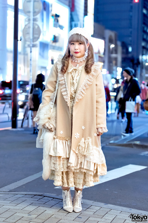 Vintage fashion loving Japanese fashion student Yukarin on the street in Harajuku. Her look features