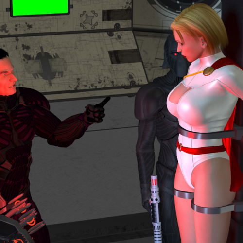 Some more 3D Poser art of me as Power Girl, as my captor continues his interrogation.Power Girl Capt