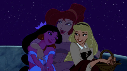 [Image description: Megara, Jasmine and Aurora, sitting together on a stone bench. Jasmine and Auror