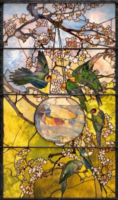 heaveninawildflower:  Details from ‘Parakeets and Goldfish Bowl’ (1889). Designed by 	Louis Comfort Tiffany (American, 1848–1933) for  	Tiffany Glass Company (active 1885–1892). Glass, lead, bronze chain.Images and text information courtesy MFA