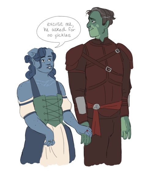 [ID: A drawing of Fjord and Jester from Critical Role. Fjord is looking at Jester with a fond expres