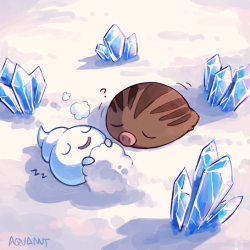aquanutart: When the morning sun hit an icicle, it wished not to melt, and thus  Vanillite was born. At night, it buries itself in snow to sleep.  