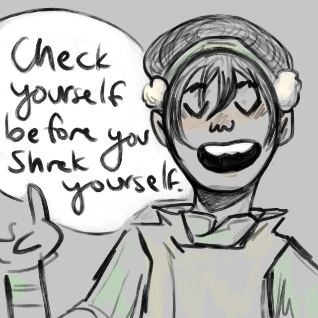 id: digitally drawn cartoonish comic panel of toph saying "check yourself before you shrek yourself" proudly, as if exuding wisdom.