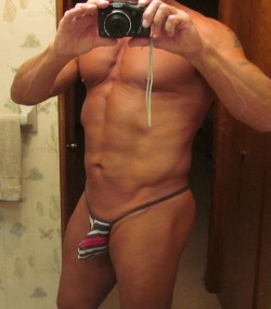 maturemanexhibitionist:  Selfie time in a BodyAware thong. 