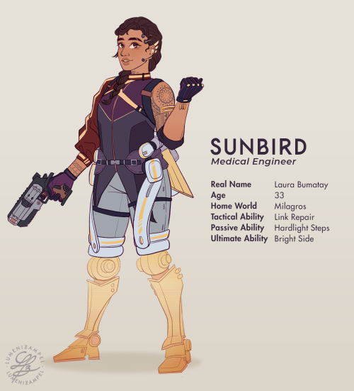 A (finalized) design for my Apex Legends OC, Sunbird!  A jovial yet curious medical engineer with go