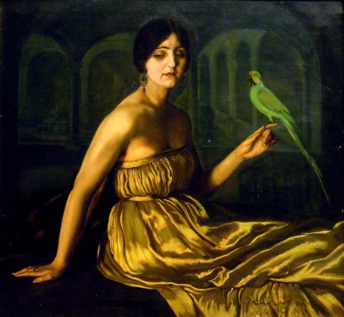 Portrait of a lady with a parrot by Jesús Rodríguez Corredoira de Castro aka 