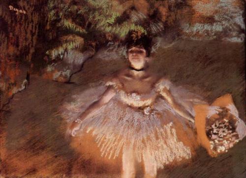 artist-degas: Dancer on Stage with a Bouquet, 1876, Edgar DegasMedium: pastel