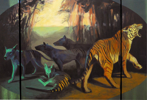 Detail of a painting I made on three hinged panels.  Staring Tasmanian Tigers and a contemporary tig