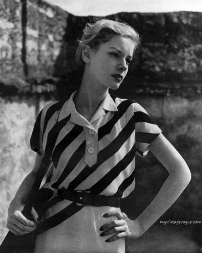 emiliabrock: Lauren Bacall (wearing a dress by Maurice Rentner) by Louise Dahl Wolfe // Harper’s Bazaar, 1943