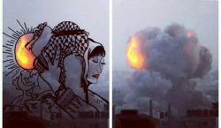 sikoot:  Unknown Palestinian artist turns images of Israeli bombings in Palestine into art. 