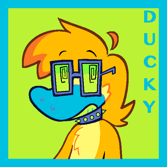 Digital drawing of my fursona from the chest-up. They're an orange platypus with a yellow underbelly and a bright blue bill. They're wearing a spiked choker and rectangular, purple glasses with lime green lenses and swirls for pupils.