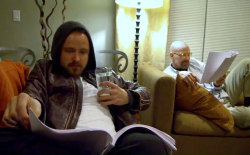 entertainmentweekly:  This is how Aaron Paul and Bryan Cranston looked when they read Breaking Bad&rsquo;s final script together for the first time. And, oh yeah, we were there. 