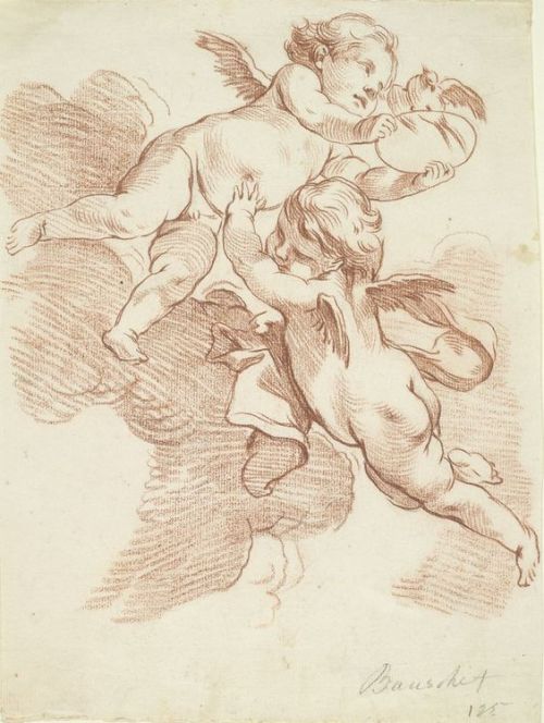 François Boucher, Two Flying Putti with a DoveRed and black chalk counterproof on off-white antique 