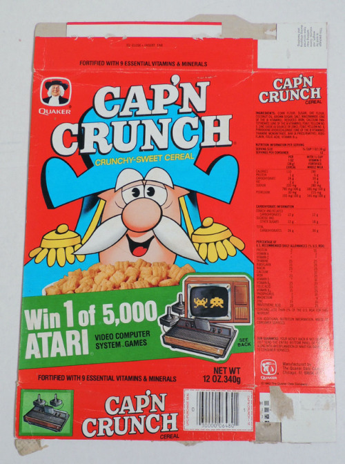 Cap’n Crunch cereal box with Atari promotion. Sugary cereals and video games were the sultry sirens 