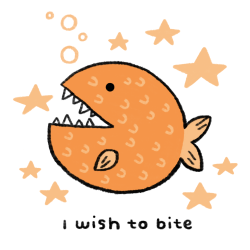 A large orange fish bares sharp teeth. Text reads: "I wish to bite".