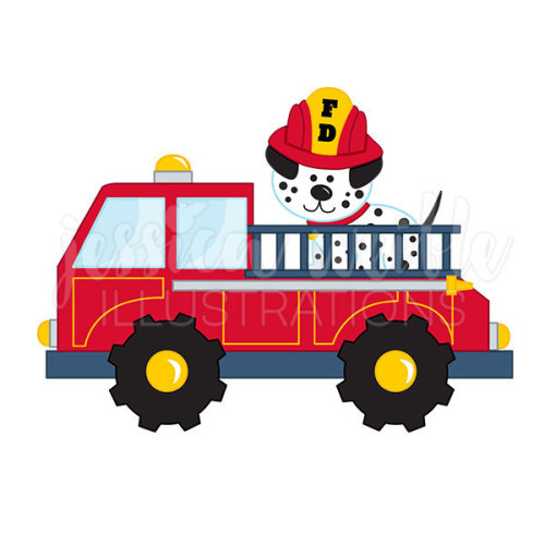 Fire Truck with Dalmatian Cute Digital Clipart, Fire Truck Clip art, Firetruck Graphics, Fire Truck 