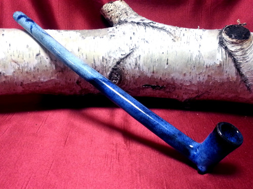 Gandalf Pipe, 11 inch long, ceramic, handmade, speckled light and dark blue glaze with dark blue vei