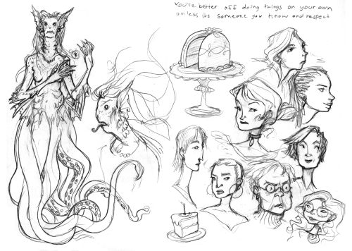 Sketchbook doodles from this week!  Some girls, some cake, and a mermaid.