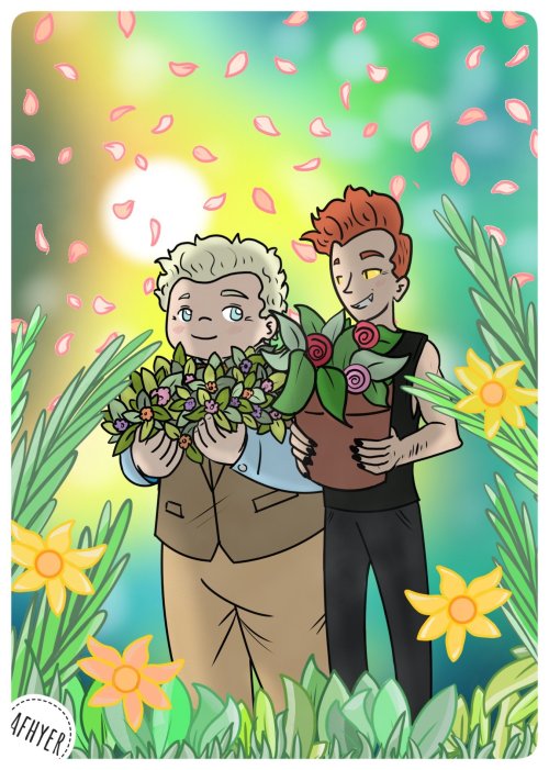  So the wonderful @suvroc trusted me to commission an illustration of Aziraphale and Crowley in spri