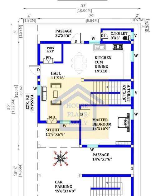 33x50 West facing house plan design ground floor. For more house plan designs check out the website 