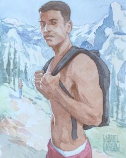 enchantemoimerlin:    Gabriel Garbow    “Mountain Hike with Red Shorts”  original watercolor on paper  