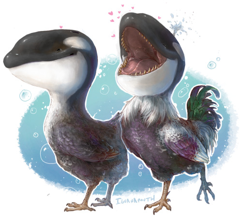 iguanamouth:a commission for l3x1l0u of two whuckles, which is a whale/chicken creature designed by 