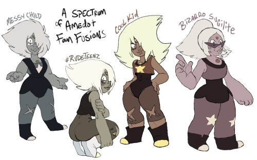 su-fairlanes:    Hahaha Just playin around with a buncha Amethyst-Peridot fusion ideas. These are always such a fun character design practice warm-up. Buncha different color combos, deviating from previous purple-and-green-hodgepodge (and in light of