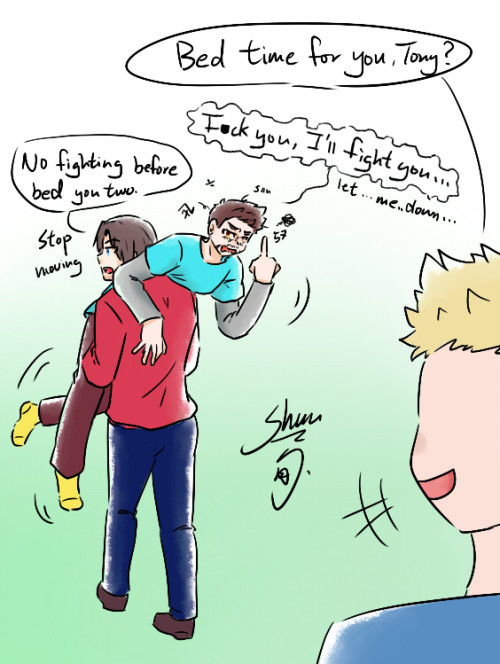 seijishunart:“You need sleep, not fighting, Tony.“  Bucky carrying Tony around like a sack of 