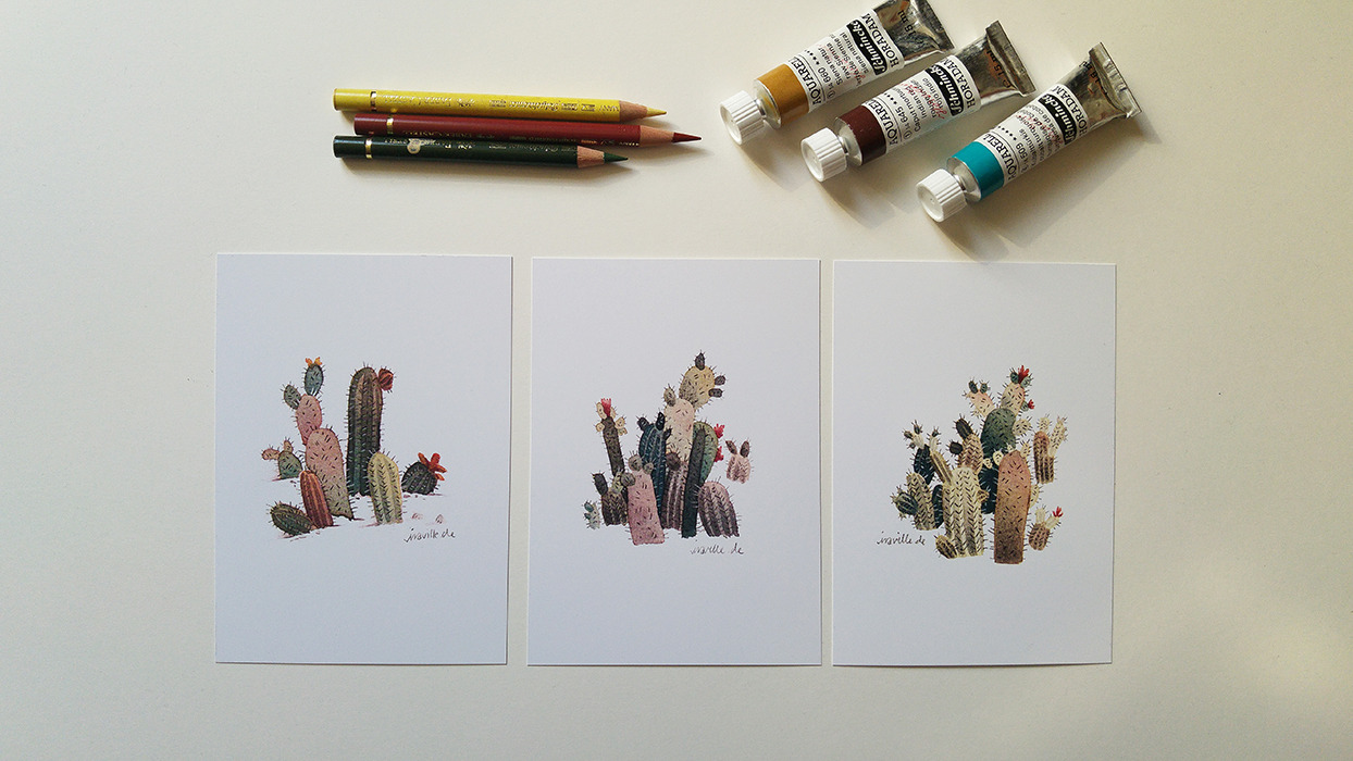 iraville:  painting some random cacti and plants without predrawing directly on paper.