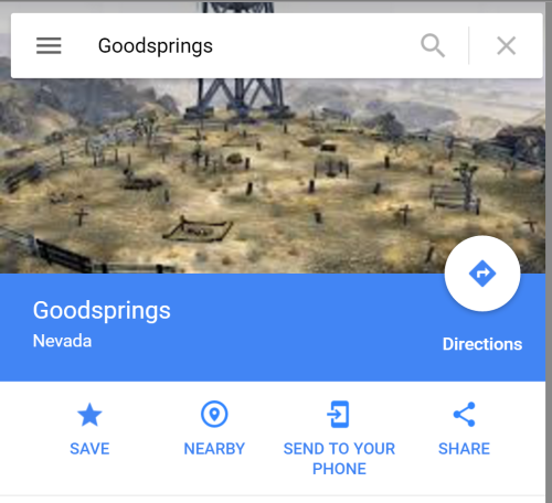 sexycontainmentprocedures:the Google Maps picture for the town of Goodsprings Nevada is a Fallout Ne