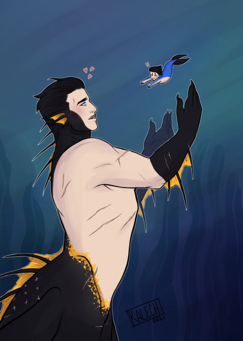 kalech-art:More fish. Bruce and Dick. Bruce is a v doting father to his first hatchling. Mers are av