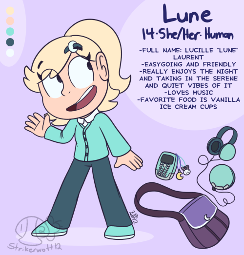 A drawing that serves as a reference for my Code Lyoko OC, Lune. She's a girl with light peach skin and long light blonde hair that's kept in a ponytail. She also has a dark teal barette with a light aqua moon clip. She wears a collared white shirt as well as an aqua cardigan with buttons over it. She also wears dark teal pants, and she has aqua sneakers with white soles. She also has a purple bookbag with a dark purple strap as well as two dark purple lines on the front, and the cover is light purple and has a white outline as well as a white moon button. She also has an aqua phone (Based on a Nokia 3100) with silver buttons, a silver bottom, and a screen, and she has two phone charms attached to the phone; The first is a yellow moon with a blue strap and the second is a happy white bunny with pink inner ears with an aqua strap. She also has an aqua CD player with silver buttons as well as aqua headphones with dark teal ear cushions and a dark teal headband; the inner part is black. The text in the drawing reads "Lune 14-She/Her-Human -Full Name: Lucille "Lune" Laurent" -Easygoing and friendly -Really enjoys the night and taking in the serene and quiet vibes of it -Loves music -Favorite food is vanilla ice cream cups".