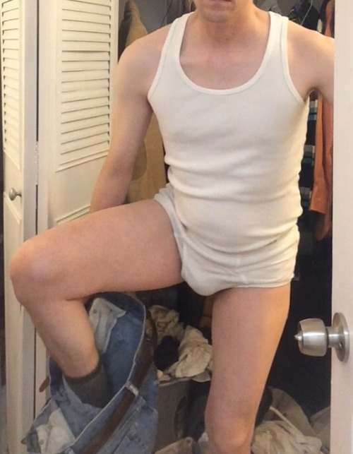 ontheporcelainthrone: white-briefs-lover:tanktopdude:Take off everything except the wife beater  So 