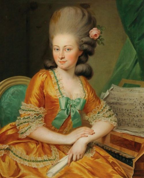 fashionologyextraordinaire:Portrait of a Singer at the Harpsichord by Georg Weikert Ca. The 1770s Sa
