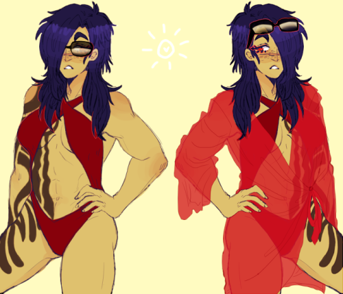 koujakuandthediamonds:  so i decided i wanted to draw dmmd girlies in my headcanon swimwear for them so shockingly i elected to start with koujaku i think she’d like to show off that bod but also be a lil subconscious about her tats so she keeps a flowey