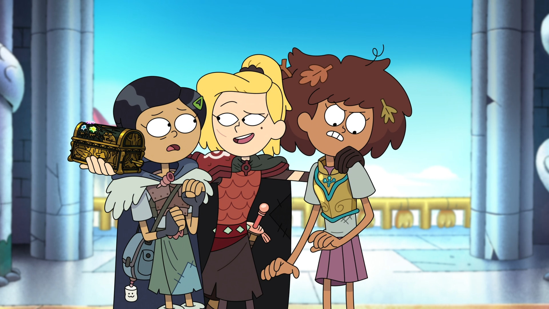 In the Newtopian throne room, a smiling Sasha in red armor puts her arms around Marcy (in ranger gear) and Anne (in her uniform and breast plate). She's holding the music box. Marcy looks shocked and upset, while Anne is actively angry at the physical contact.