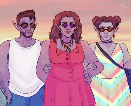 cold weather means time to draw cute elves in summer clothes!modern!au Teldryn, Maerwyn and Brelyna 