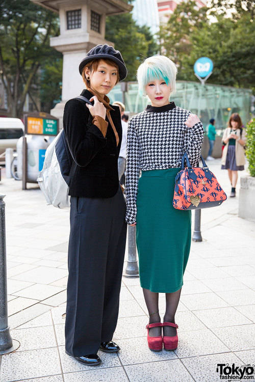 Shoko (on the left in a blazer and wide leg pants) and Rena (on the right with houndstooth, aqua hai
