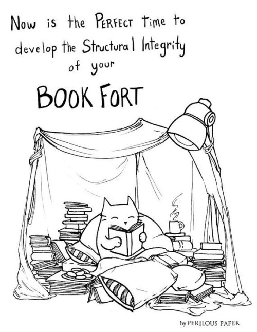 rifflebooks:  The temperature in NYC this morning? 9F! The book fort is the only option for this President’s Day! 