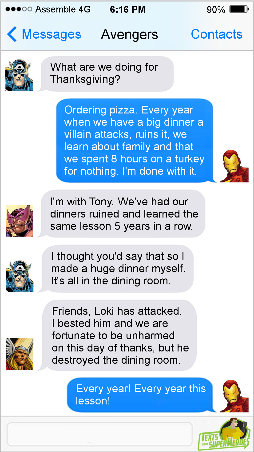 fromsuperheroes:  Texts From Superheroes: Best of Thanksgiving  Nude Sword Day needs