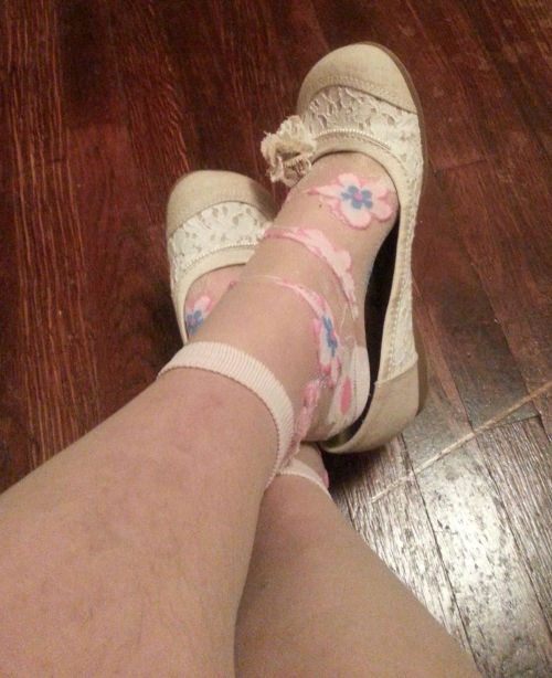 Jellypop round toe flats, sheer nylon floral socks and nude sheer-to-the-waist pantyhose.