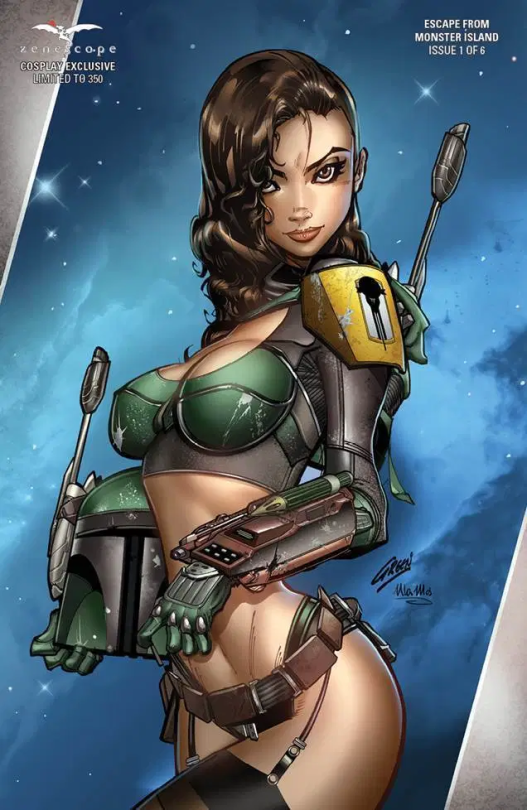 cover of Zenescope comic's escape from monster island with a brunette woman in a boba fett outfit except with her back bent 90 degrees and the outfit being a skintight boob window version