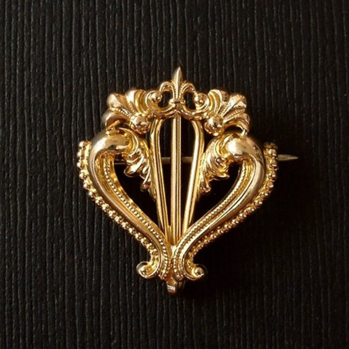 Antique Victorian WATCH PIN Chatelaine Gold Filled Heart HARP Lyre Fleur de Lis Scrollwork c.1890s