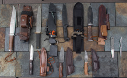 crazybushcraftzone:  Top, left to right: Fallkniven “Thor”; Cold Steel “Trailmaster”; Becker “BK-7″; Cariboo “Mountain” Bottom, left to right: Nilsen “Bushcraft”; Coon Damascus; Coon small Damascus; Reeve “Sebenza”; Baladeo “22G”