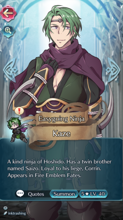 Mockups for Kaze as a Fire Emblem Heroes unit! Kaze was my favorite character from Fates, and all I 