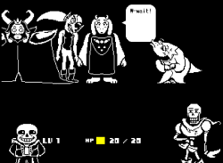 amalgarn:  someone whos never played undertale, explain this picture   My brother: 2 spoopy skeletons popped out of nowhere and the ram lady got a boner while the king got scared. Also the fish has a nice ponytail.