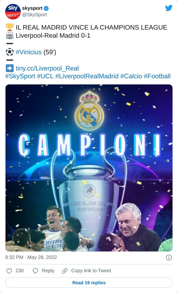 🏆 IL REAL MADRID VINCE LA CHAMPIONS LEAGUE 🏟️ Liverpool-Real Madrid 0-1 ➖ ⚽ #Vinicius (59') ➖ ➡️ https://t.co/XE0gpmeUH7#SkySport #UCL #LiverpoolRealMadrid #Calcio #Football pic.twitter.com/OtrbeJmT86  — skysport (@SkySport) May 28, 2022