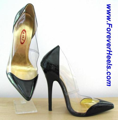 www.ForeverHeels.com Style ALICE, V-Shape Sharp Pointed Toe Colored Toes and Heels Transparent 